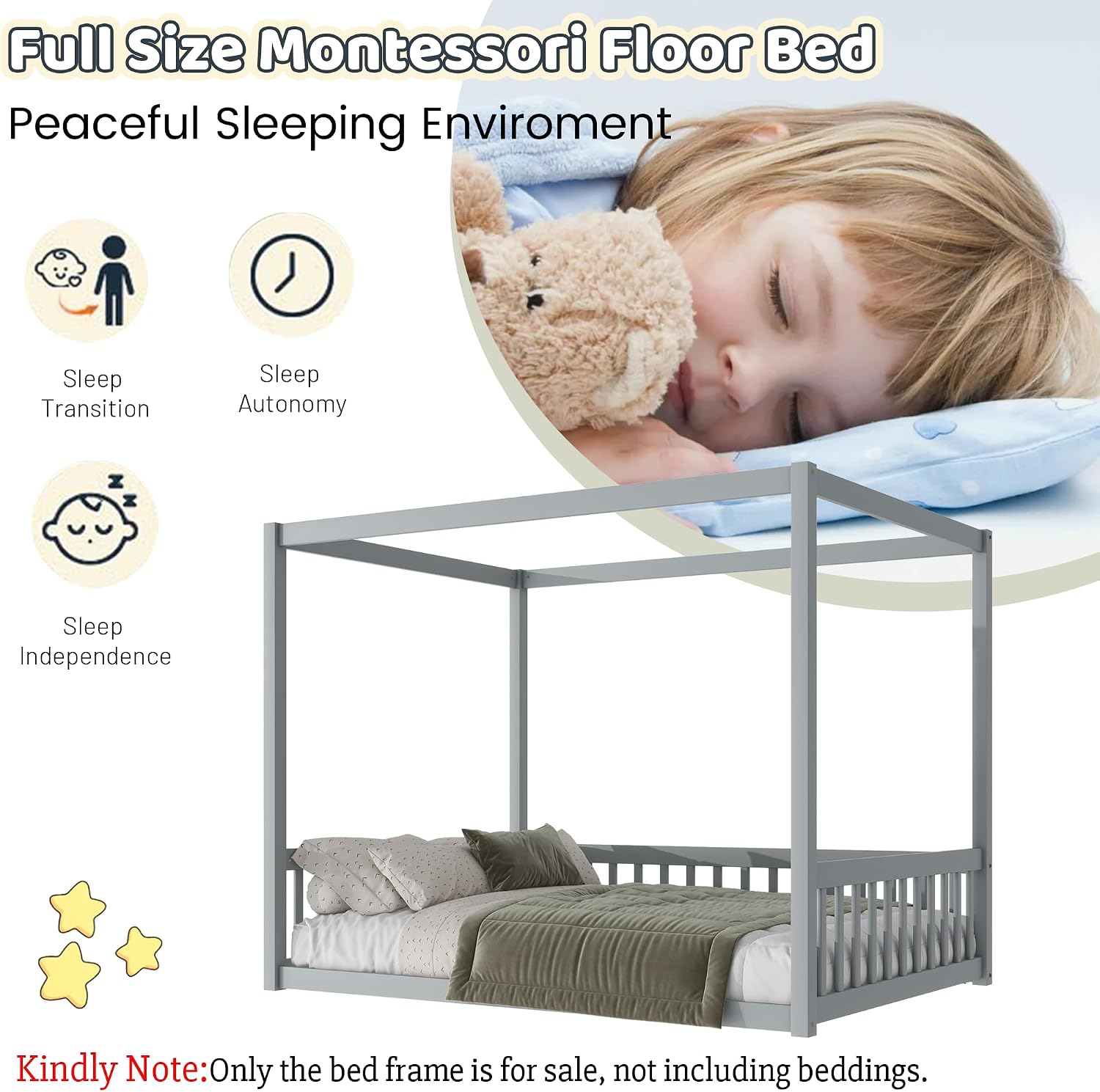 Canopy Bed Frame Full with 4 Posters and Guardrails, Rubber Wood Full Size Montessori Floor Bed with Canopy Frame, Safe and Stylish Canopy Bed Full for Kids Girls Boys,Gery