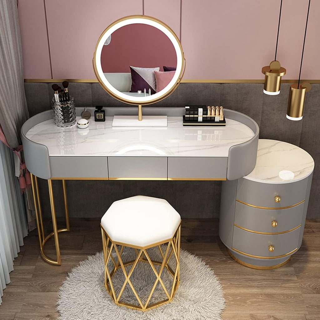 Dressing Table Makeup Vanity Table, with Adjustable LED Mirror 3 Color Lighting, Round Vanity Desk Bedside Table and Cushioned Stool Set, Bedroom Furniture Decor(Gray+White a-120cm/47.2in)
