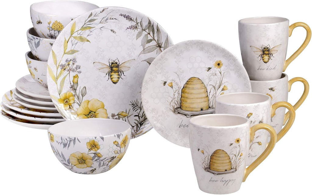 Bee Sweet 16-Piece Ceramic Dinnerware Set – Service for 4, Farmhouse Bee and Floral Design, Includes 4 Dinner Plates, 4 Salad Plates, 4 Bowls, 4 Large Mugs – Microwave & Dishwasher Safe