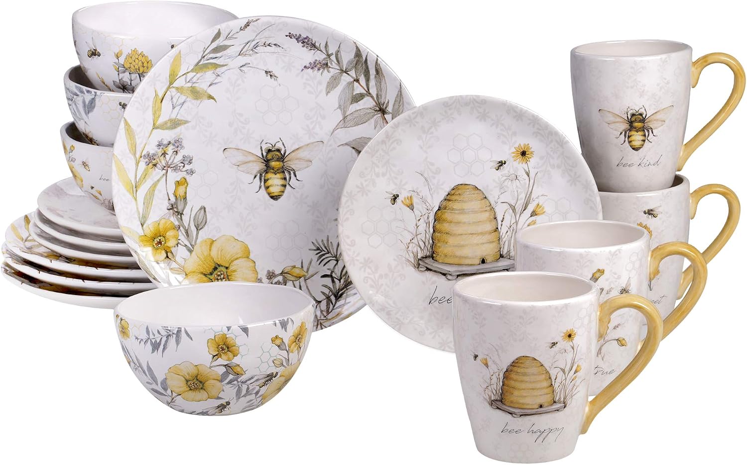 Bee Sweet 16-Piece Ceramic Dinnerware Set – Service for 4, Farmhouse Bee and Floral Design, Includes 4 Dinner Plates, 4 Salad Plates, 4 Bowls, 4 Large Mugs – Microwave & Dishwasher Safe