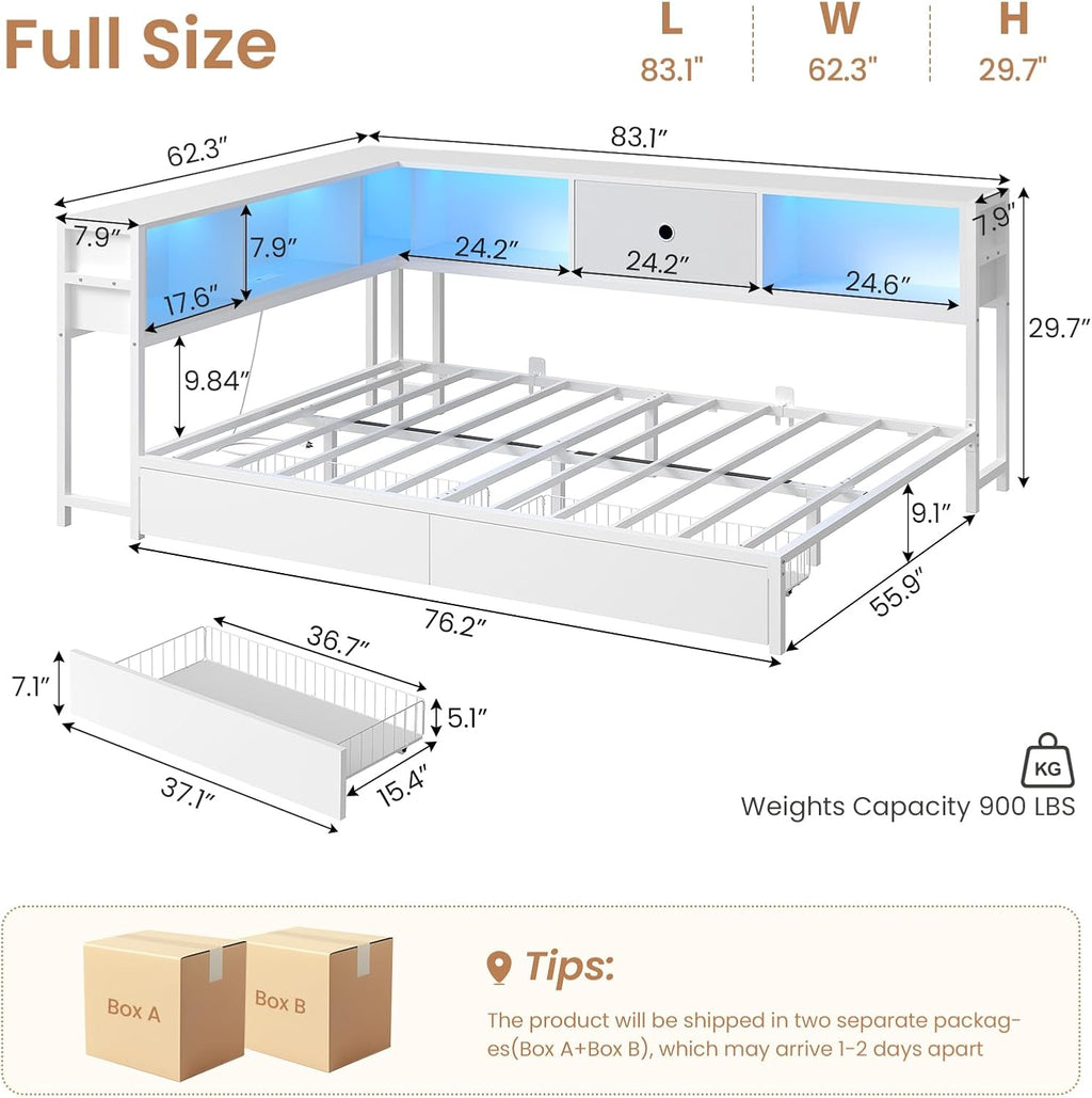 DICTAC Full Corner Bed Frame with Storage Drawers,Bookcase Headboard and Charging Station Full Size Metal Platform Corner Bed Frame with Storage and Led Lights Full Size Daybed for Teen Adult,White