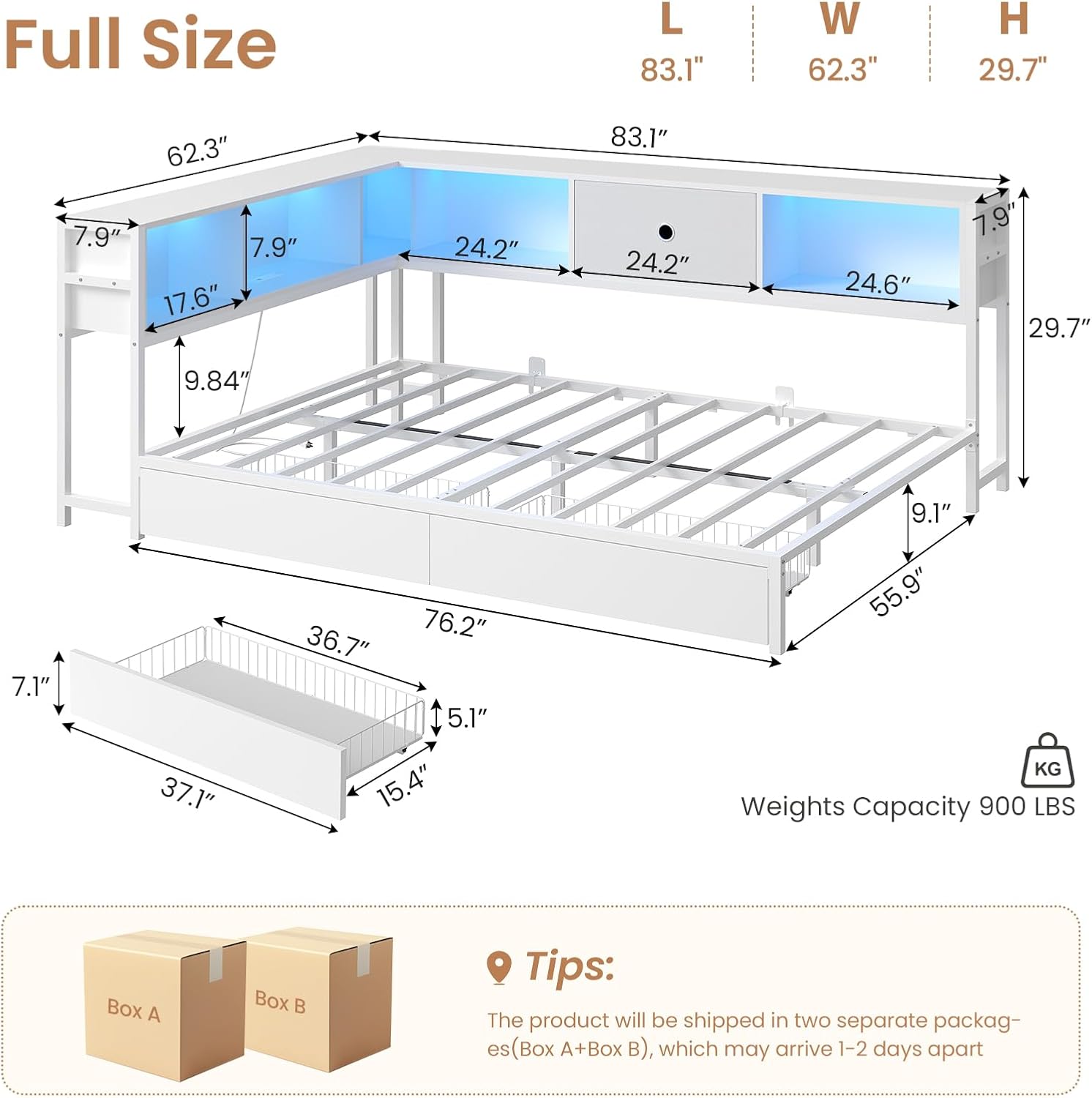 DICTAC Full Corner Bed Frame with Storage Drawers,Bookcase Headboard and Charging Station Full Size Metal Platform Corner Bed Frame with Storage and Led Lights Full Size Daybed for Teen Adult,White