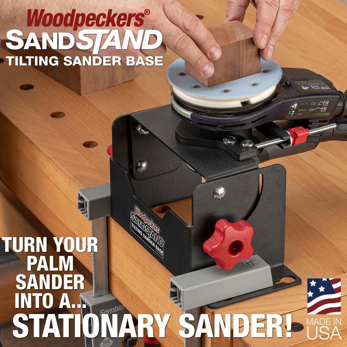Woodpeckers SandStand Tilting Sander Base, Turns Palm Sanders & Orbital Sanders into Stationary Woodworking Sander, Fits Most 5' & 6' Roundish Sanders