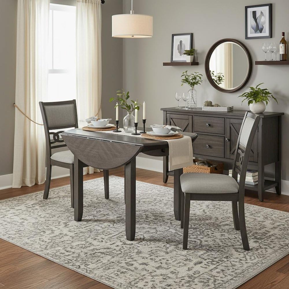 Furnifact Gray 3-Piece Wood Dining Set with Round Drop-Leaf Table and 2 Chairs, Small Space Furniture, Solid Rubberwood, Contemporary Finish