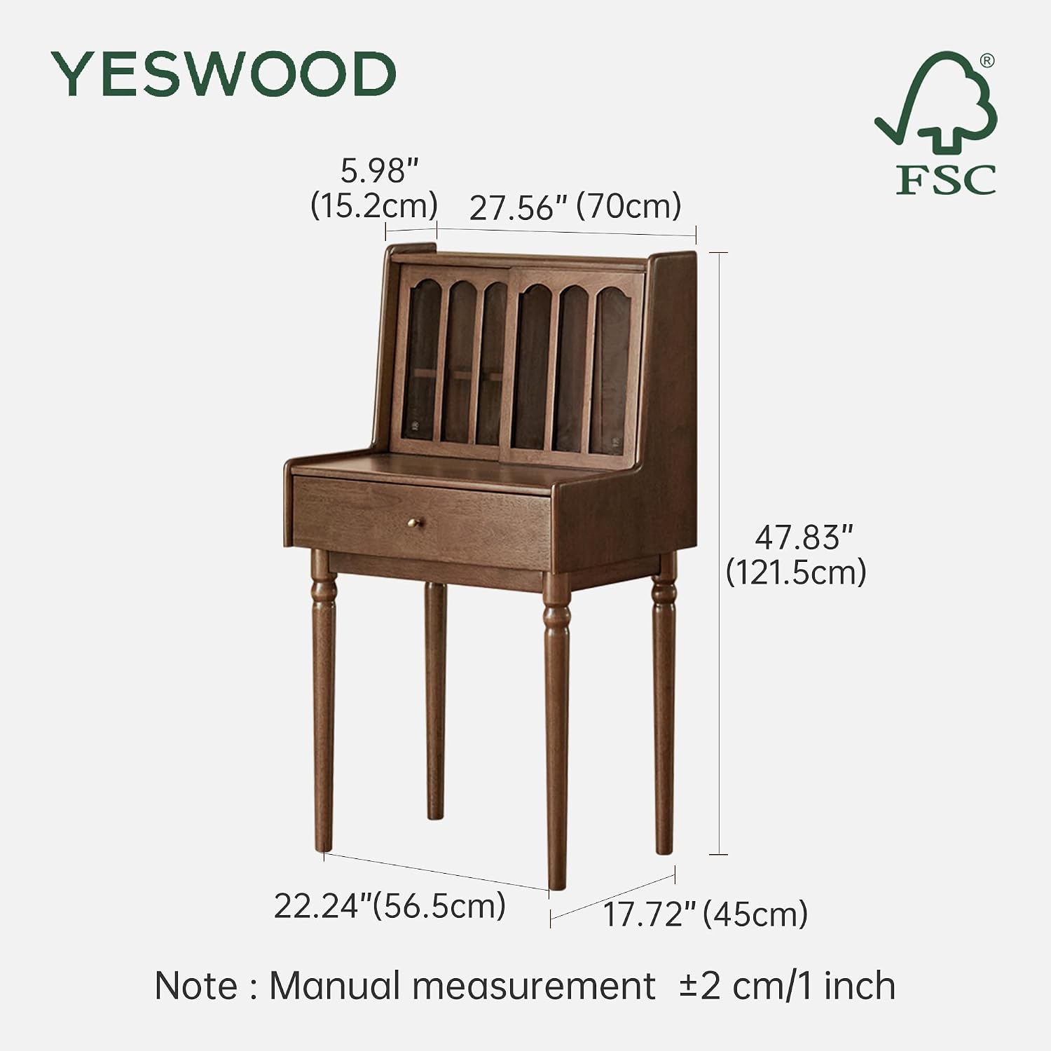 YESWOOD Vintage Vanity Desk, Solid Rubber Wood Dressing Table, Vintage Dressing Table Vanity Desk for Bedroom, Walnut, 23' D x 18' W x 48' H