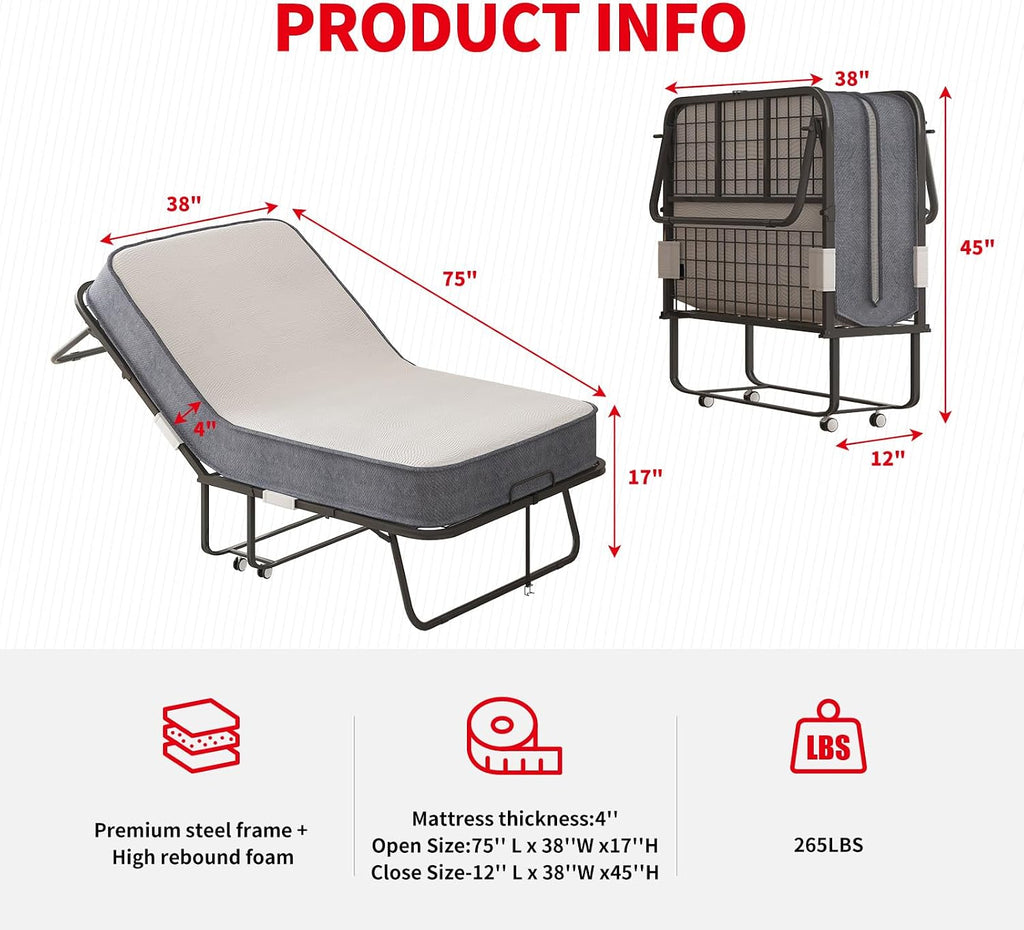 PUREMIND 75' x 38' Folding Bed with 4 Inches Mattress, Portable Rollaway Guest Beds for Adults with Metal Frame & Swivel Wheels, Twin Size Foldable Bed Fold Away Beds Space Saving