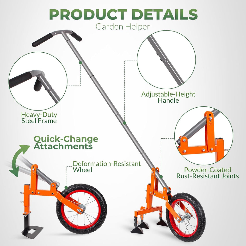 Walensee 2-in-1 Manual Wheel Hoe Garden Cultivator, Push Plow with Adjustable Long Handle 51.9–64.9 in, Dual Tools for Soil Loosening & Weeding, Heavy Duty Steel Frame, Lawn & Garden Tiller
