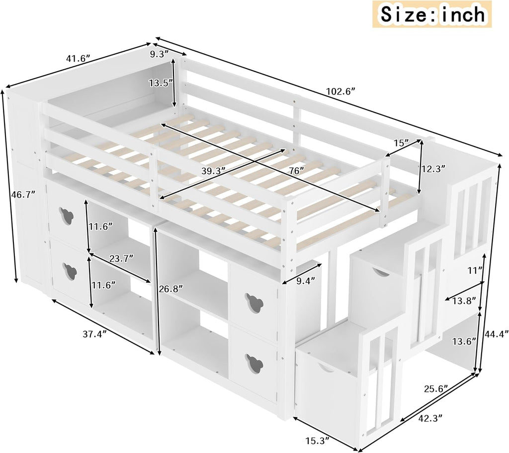 JIVOIT Twin Size Low Loft Bed with Open Shelves, Storage Cabinets, Storage Headboard and Stair, Full-Length Guardrails, No Box Spring Needed (White, 50)