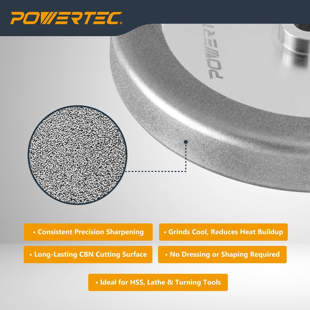POWERTEC CBN Grinding Wheel 8 Inch 180 Grit, 1-1/4' Wide, 5/8' Arbor – 4-in-1 CBN Sharpening Wheel with 1/4' Radius Edge and Side Face for Bench Grinder (15702)