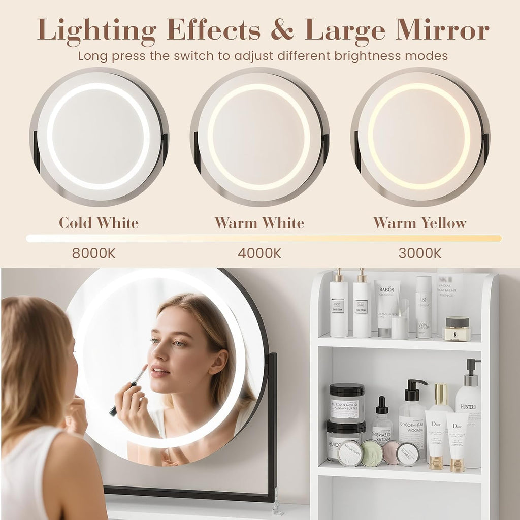 Vanity Desk with Mirror and Light, Makeup Vanity Desk with Rotating Mirror, 3 Colors Adjustable Light, Wood Vanity with 2 Drawers, Stool, Power Outlet, Vanity Set for Bedroom/Dressing Room, Black