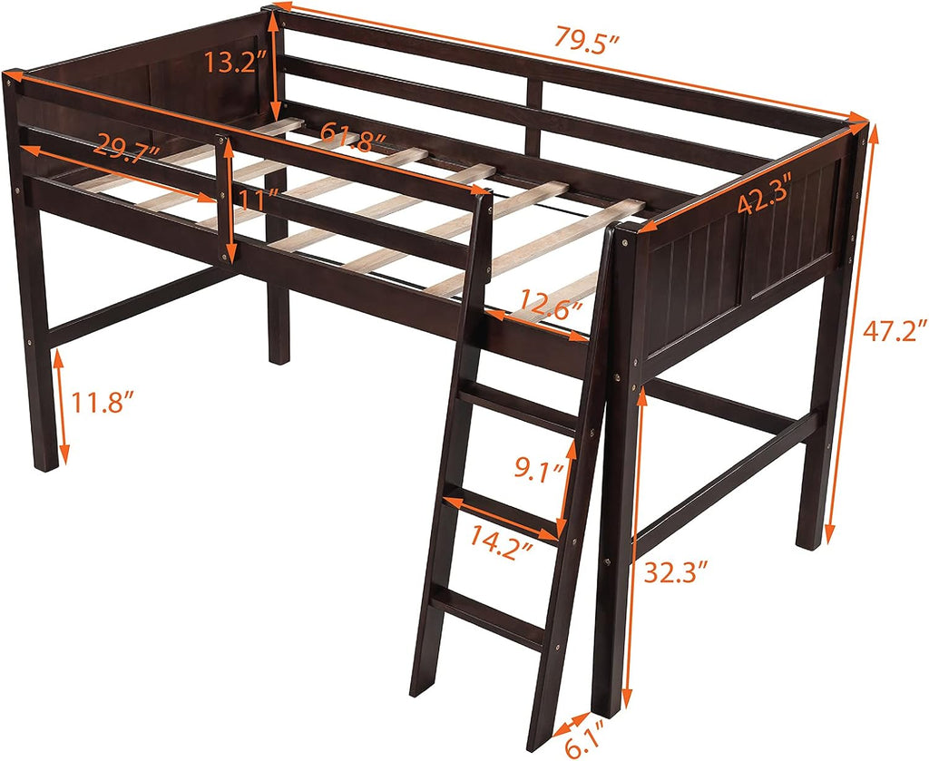 Twin Low Loft Bed with Inclined Ladder for Kids/Boys/Girls, Solid Wood, Full-Length Guardrail, No Box Spring Needed/Strong Slat Support (Espresso+Inclined Ladder)