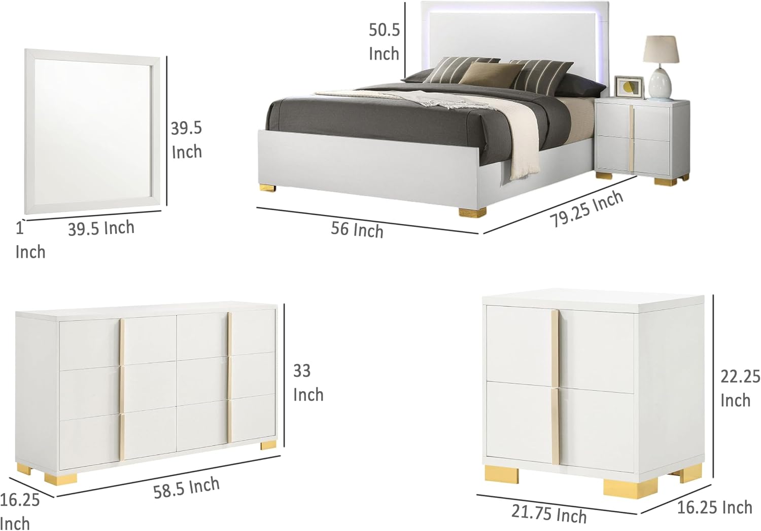 Benjara Dex 4 Piece Full Bedroom Set- White/Gold Accents- LED Headboard