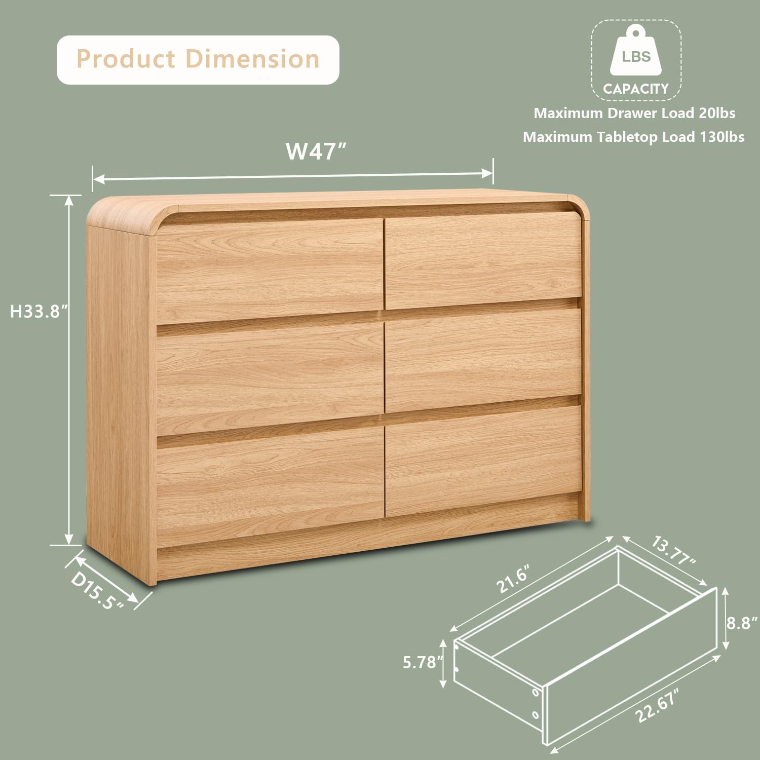 Aitjunz Modern 6 Drawers Dresser for Bedroom, 47' Wide Wood Dressers & Chests of Drawers w/Curved Profile Design, Mid Century Modern Dresser w/Natural Texture for Bedroom, Living Room, Natural Oak