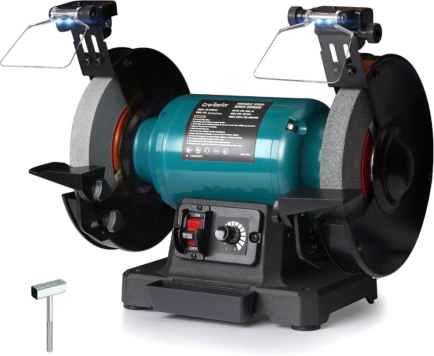 6-Inch Variable Speed Bench Grinder with Grinding Wheel Dresser, 1725–3450 RPM 2.5 Amp Brushless Induction Motor, LED Work Light, Eye Shields, Cast-Iron Base for Sharpening, Grinding & Polishing