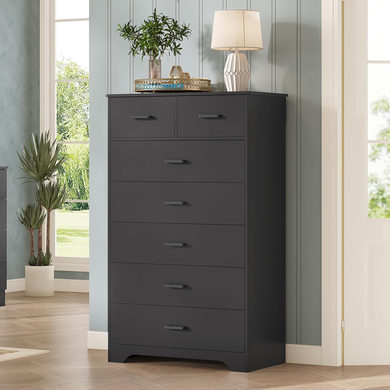 DICTAC Black Dresser for Bedroom with 7 Drawers, 55.7' Tall Dressers Chest of Drawers, Modern Large Wood Storage Dresser Organizer with Metal Handle, Vertical Dressers for Bedroom Living Room Nursery