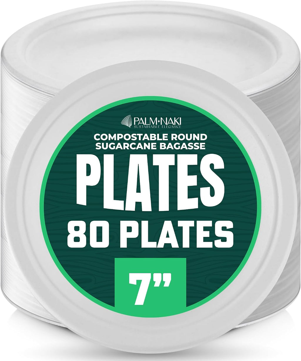 Bulk Case: 7' Heavy Duty Paper Plates | Compostable & Biodegradable | Made from Sugarcane Bagasse | Leak-Resistant & Sturdy | Microwave Safe | PFAS-Free | 7 Inch | 12 x 80-Pack (960 Pcs) | Palm Naki