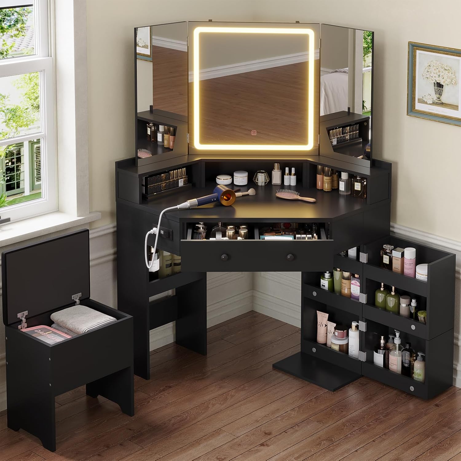 HAUOMS Corner Vanity Desk with Mirror and Lights, Power Outlet & Rotating Shelves, Makeup Vanities with Storage Bench, Drawers, 3 Light Settings, Dimmable for Women Girls, Black