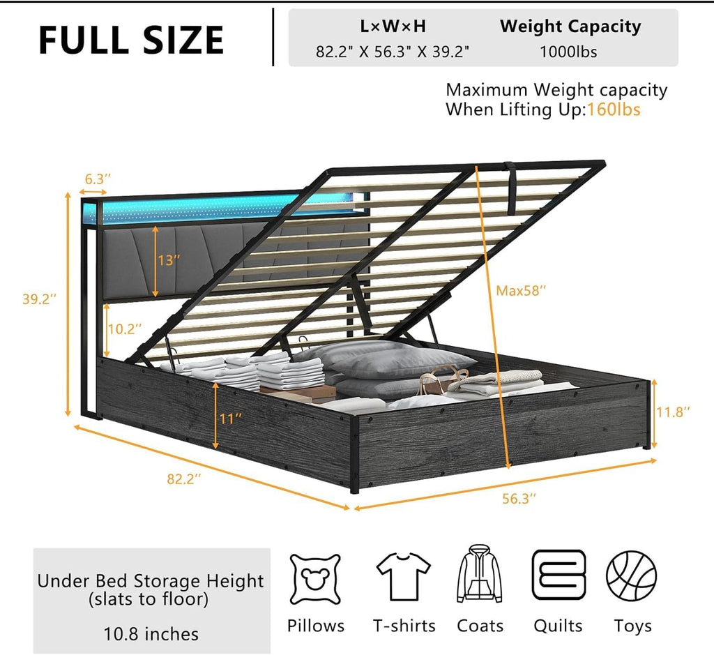 LUXOAK 3 Pieces Farmhouse Bedroom Set, Includes Full Size Lift Up Storage Bed Frame with LED Lights and Linen Upholstered Headboard, Nightstand Set of 2 with Charging Station, Grey
