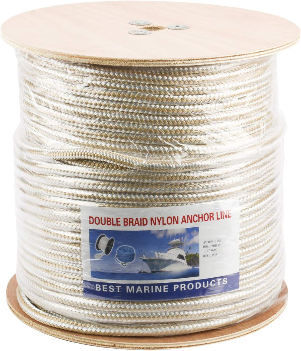 NovelBee 1/2 Inch X 600 Feet Double Braid Nylon Anchor Line with Stainless Steel Thimble and Wood Chuck (White/Gold)