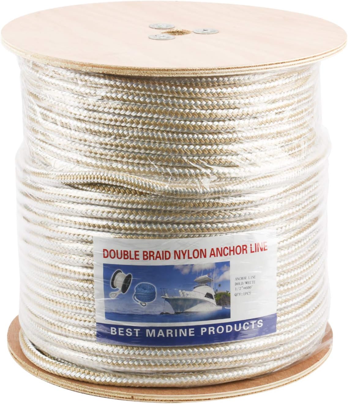 NovelBee 1/2 Inch X 600 Feet Double Braid Nylon Anchor Line with Stainless Steel Thimble and Wood Chuck (White/Gold)