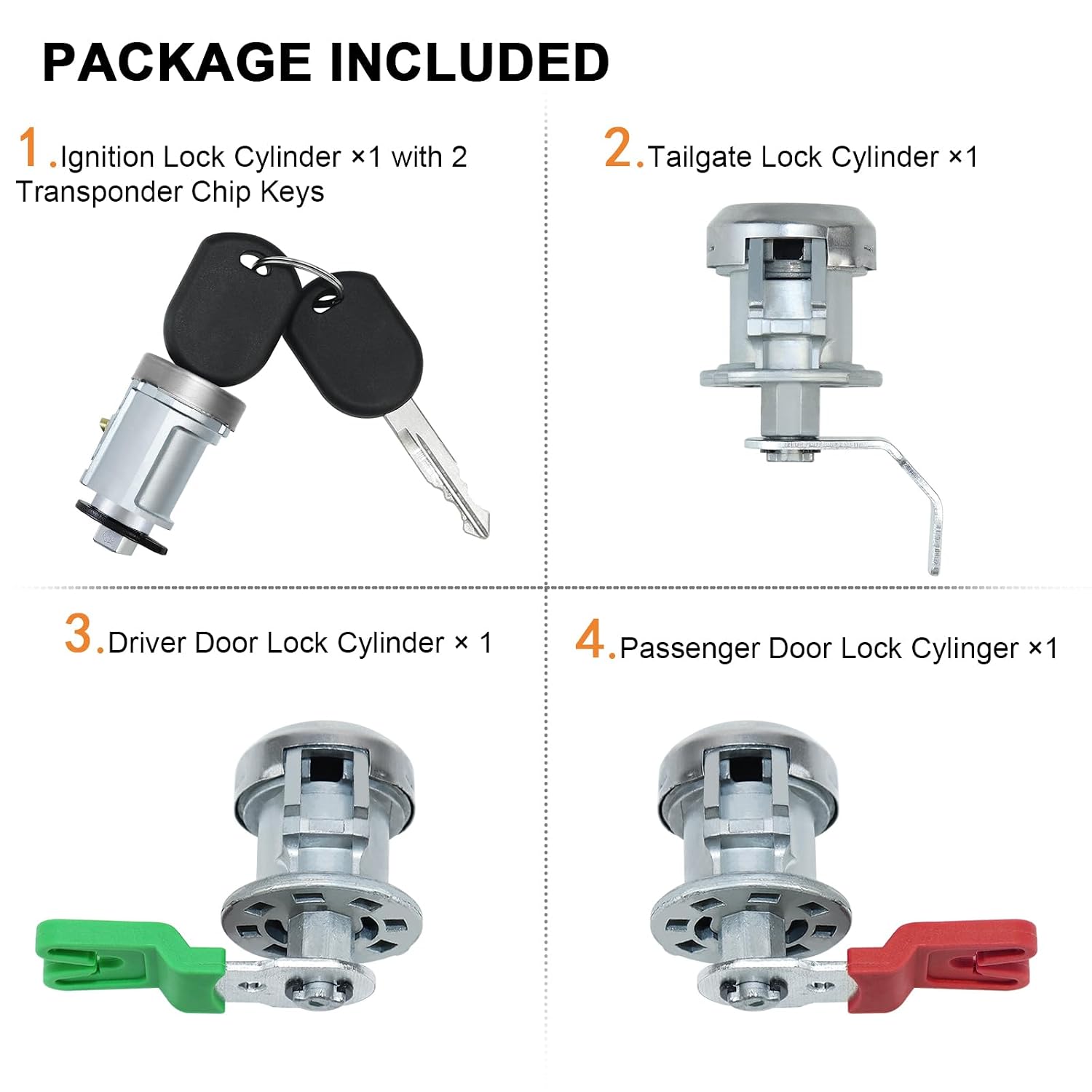 for Ford F150 2004-2014, F250 2008-2016, F350 2008-2016 Ignition Switch Lock Cylinder & Door Lock Cylinders & Pickup Tailgate with Lock Pawl Lever Set W/2 PATS Keys Replace# 924-717+DL5885(with Chip)