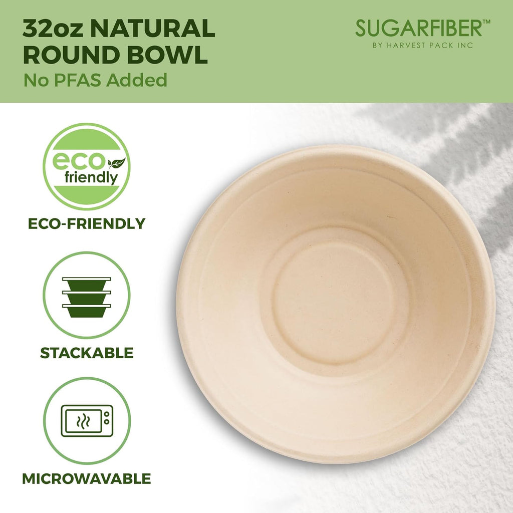 [500 SET]Harvest Pack PFAS FREE 32oz Compostable Round Paper Bowls with Dome Lids, Heavy-Duty Eco-Friendly Disposable Bagasse Salad Bowl, from Sugarcane plant fibers for Meal Prep