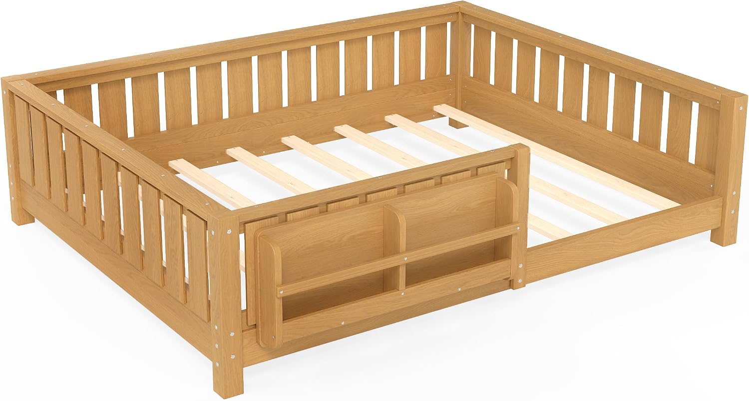 Bellemave Full Size Montessori Floor Bed with Slats and Fence, Full Size Montessori Bed with Rails and Bookcase, Easy Assemble Floor Beds Frame,Deep Natural