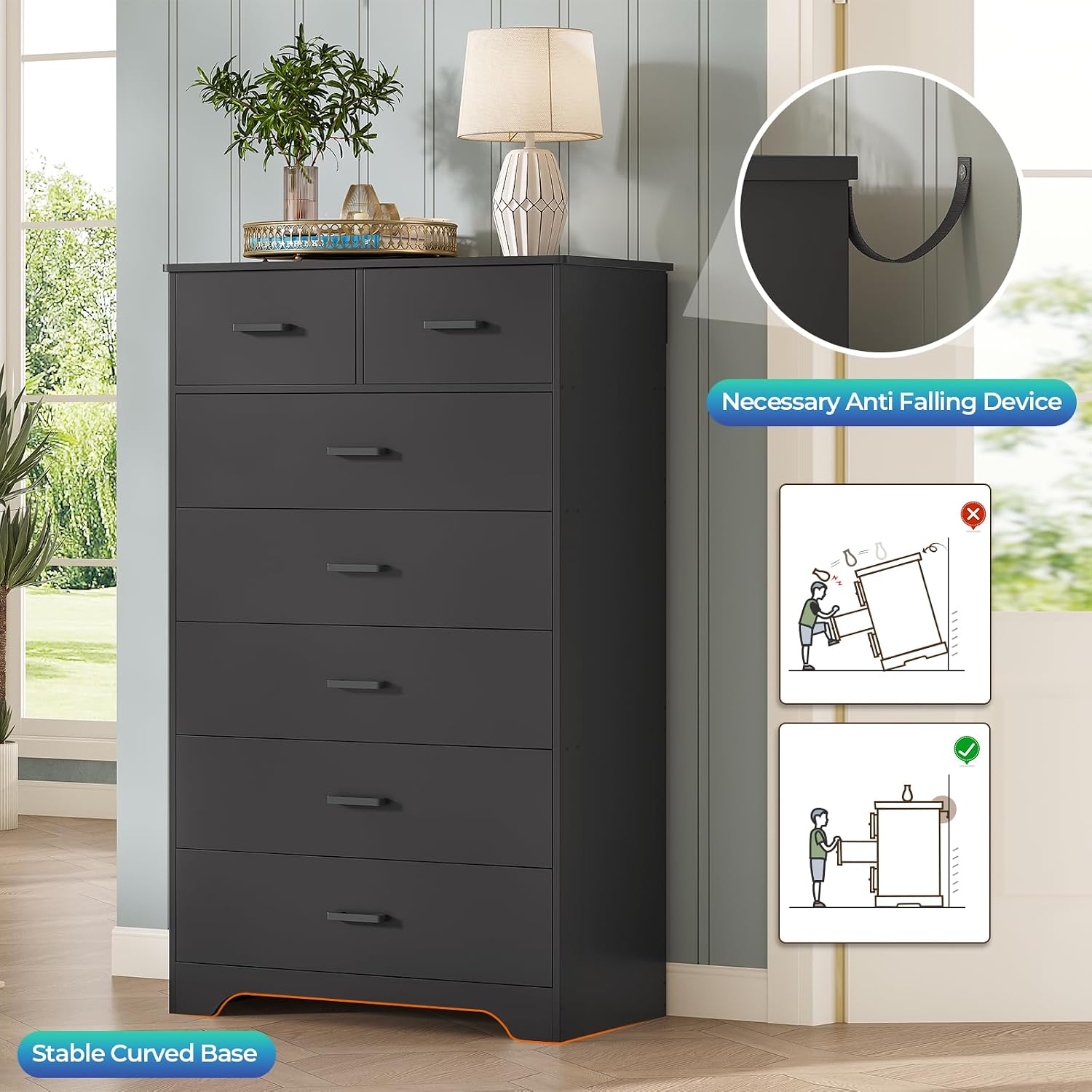 DICTAC Black Dresser for Bedroom with 7 Drawers, 55.7' Tall Dressers Chest of Drawers, Modern Large Wood Storage Dresser Organizer with Metal Handle, Vertical Dressers for Bedroom Living Room Nursery