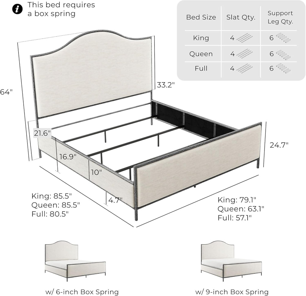 24/7 Shop at Home Lalia Hammered Metal 4-Piece Bedroom Collection, Upholstered Bed Frame with Camelback Headboard, Forged Steel, Bench and Curved Nightstands, Foundation Required, Queen, Matte Grey