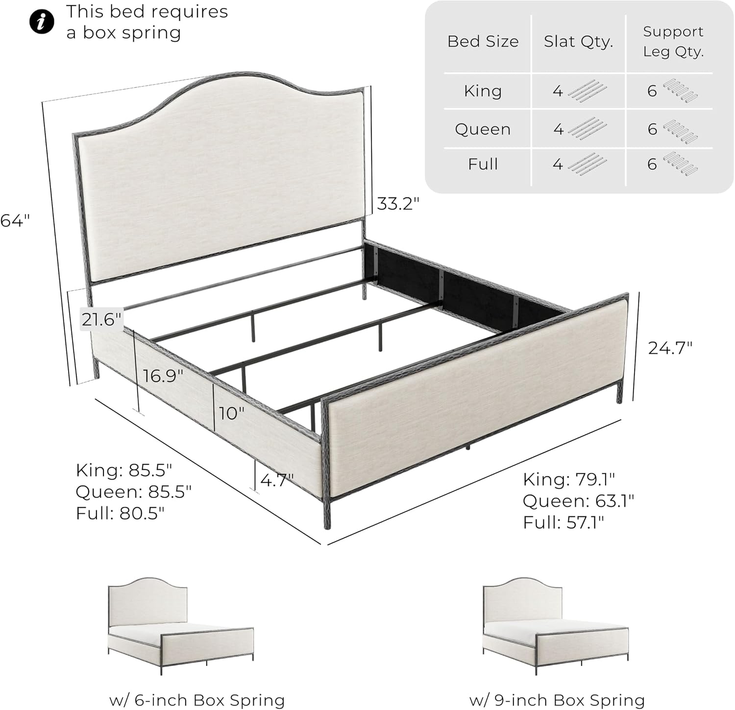 24/7 Shop at Home Lalia Hammered Metal 4-Piece Bedroom Collection, Upholstered Bed Frame with Camelback Headboard, Forged Steel, Bench and Curved Nightstands, Foundation Required, Queen, Matte Grey