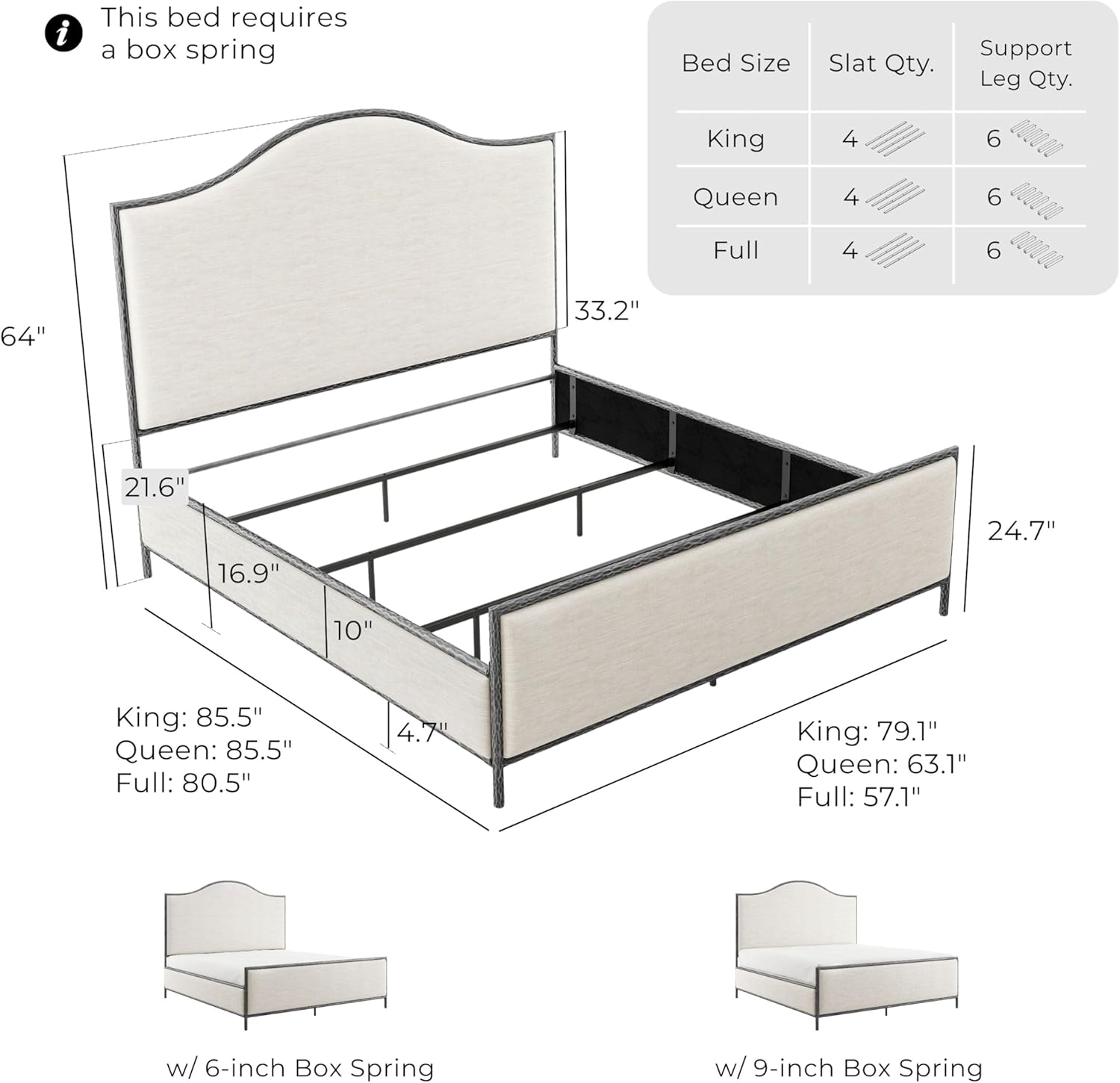 24/7 Shop at Home Lalia Hammered Metal 4-Piece Bedroom Collection, Upholstered Bed Frame with Camelback Headboard, Forged Steel, Bench and Curved Nightstands, Foundation Required, Full, Matte Grey