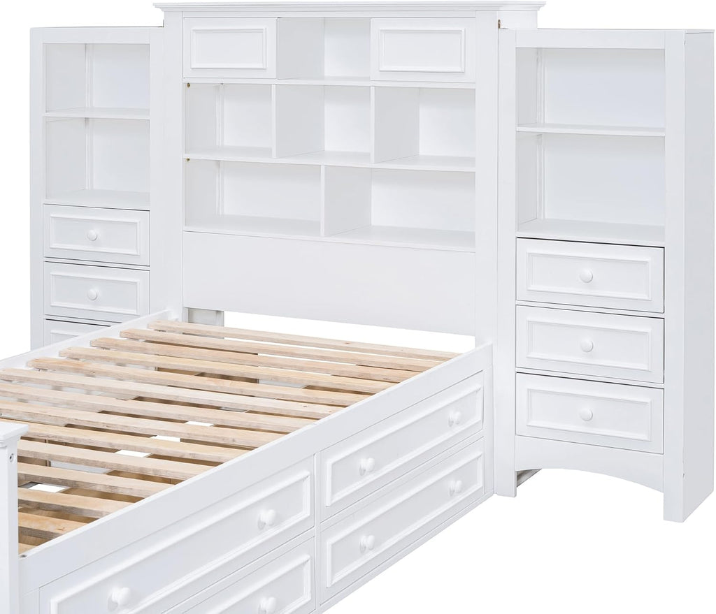 Twin Size Platform Bed with All-in-One Vertical Cabinet Bookcase, Solid Wood Captain's Bed Platform Bed Frame with 4 Drawers on Each Side, Storage Headboard (White-A)