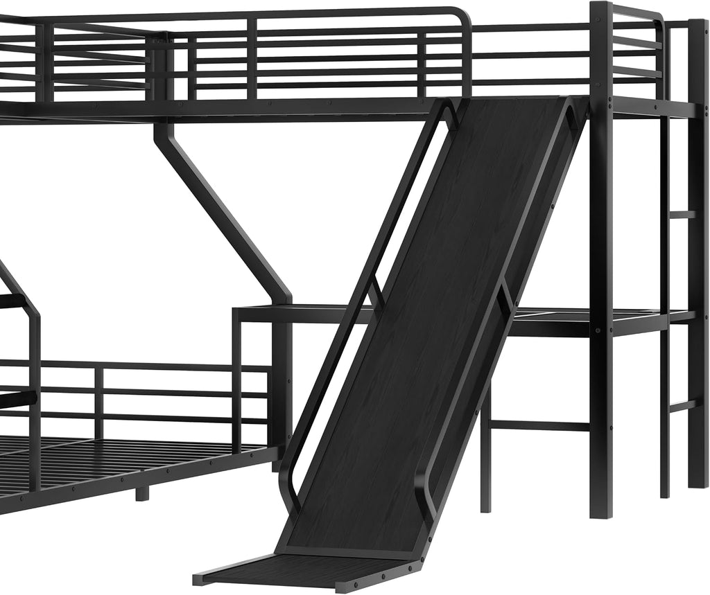 Polibi Space-Saving L-Shaped Metal Triple Bunk Bed, Twin XL Over Queen with Twin Loft Bed, Bunk Bed with Slide and USB Ports, Sturdy Frame with Noise-Free Design for Kids, Teens, Adults, Black