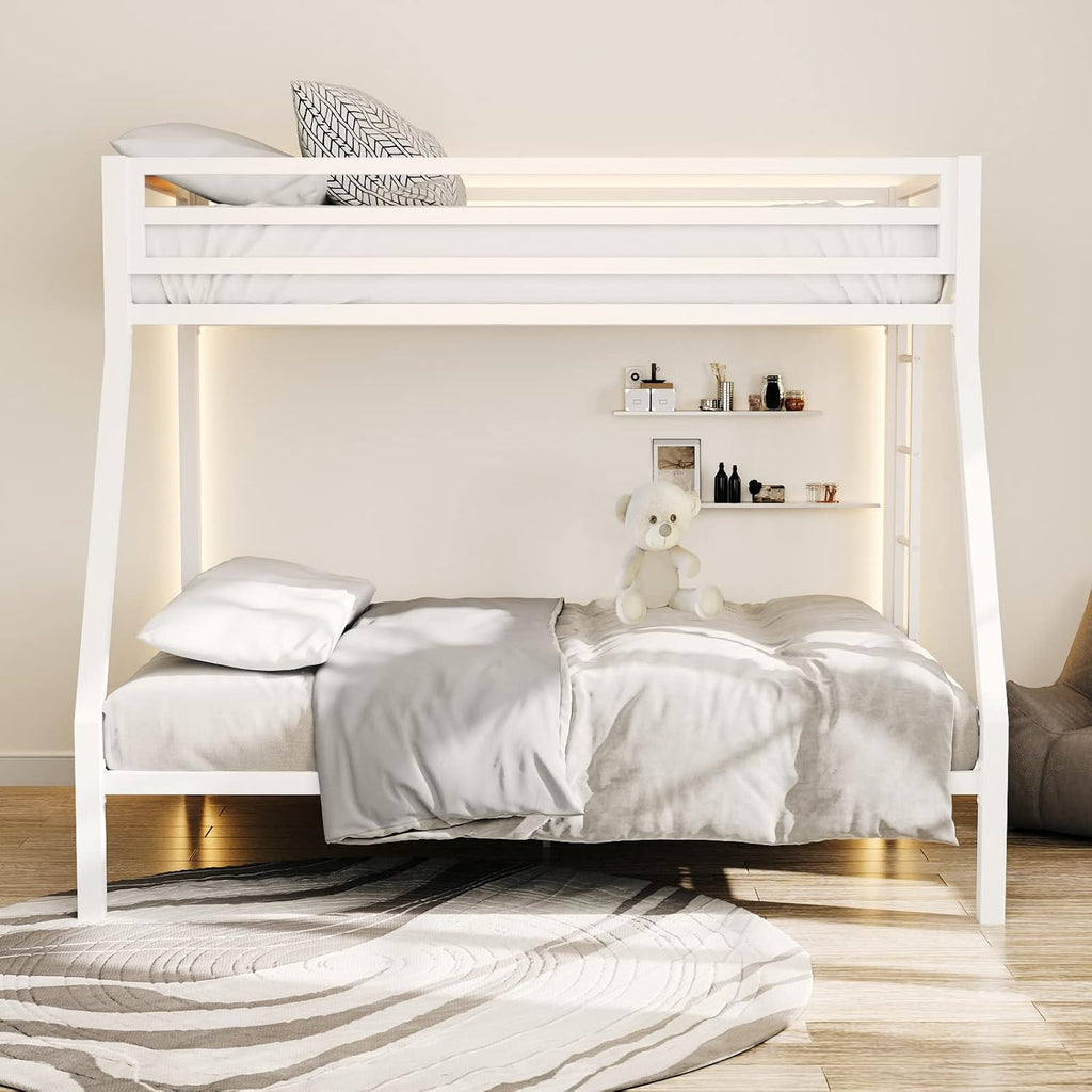ikalido Metal Loft Bunk Bed Twin Over Full Size with Safety Guardrail and Ladder, No Box Spring Needed Space Saving Bedroom Furniture, Cream White