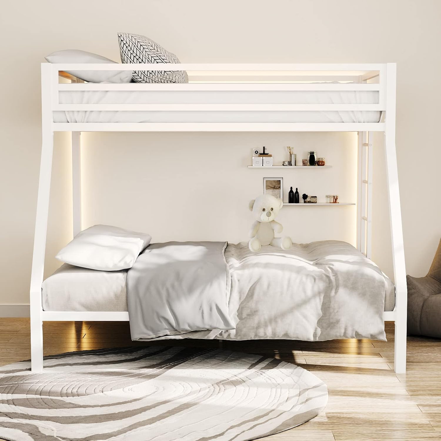 ikalido Metal Loft Bunk Bed Twin Over Full Size with Safety Guardrail and Ladder, No Box Spring Needed Space Saving Bedroom Furniture, Cream White