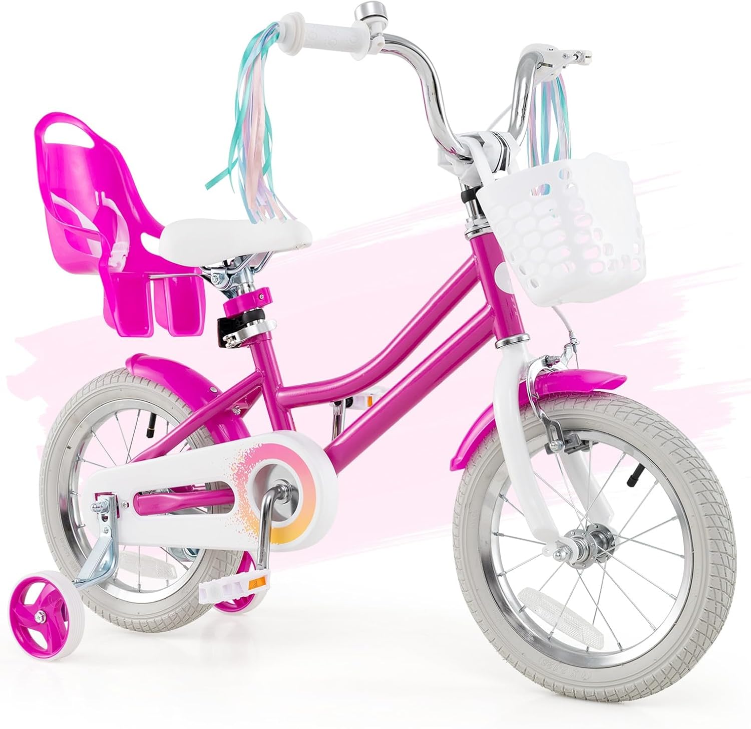 HONEY JOY Kids Bike, 12 14 16 18 Inch Girls Bike w/Training Wheels, Doll Seat, Streamers, Handbrake & Coaster Brake, Fully Enclosed Chain, Princess Style Children Bicycle, Gift for Girls 3-8