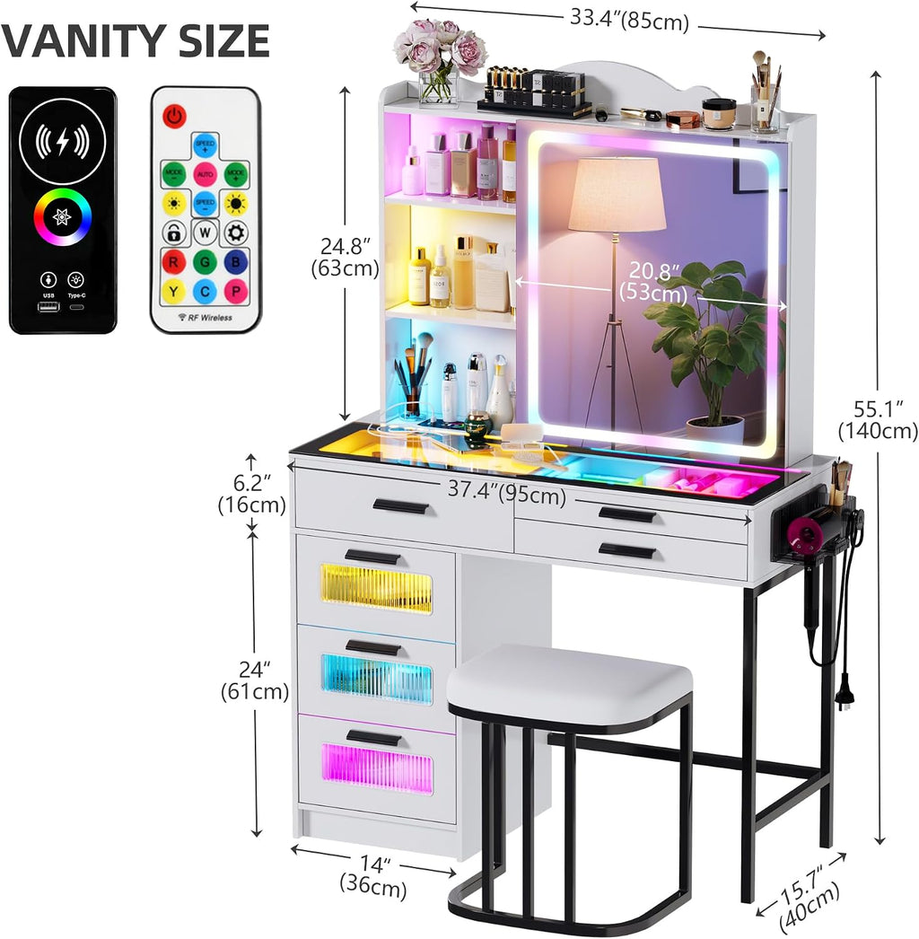 Glass Top Makeup Vanity Desk with RGB LED Light & Adjustable Mirror, Modern Makeup Dresser with Charging Station,Vanity Table Set with 6 Drawers & Hair Dryer Holder for Bedroom,White