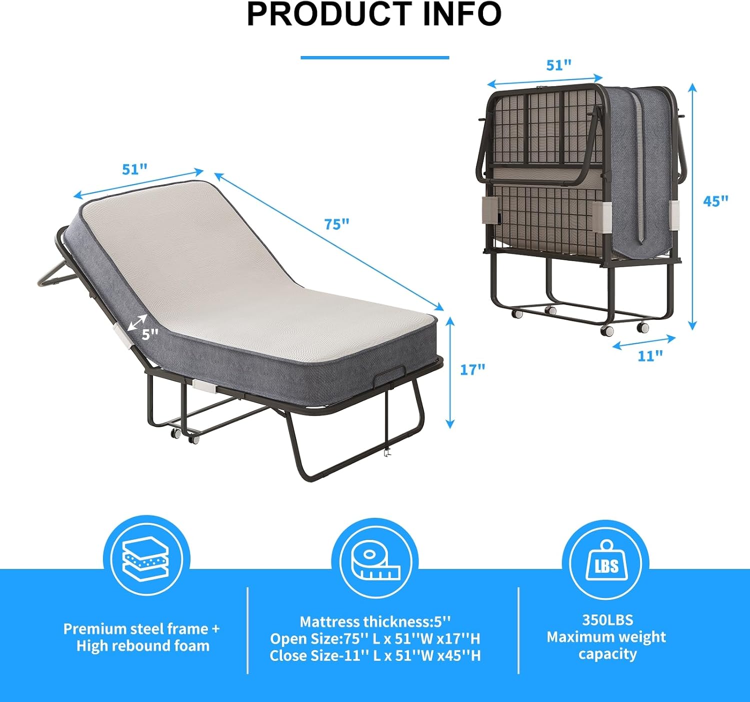 PUREMIND Folding Bed with Mattress for Adults, Portable Rollaway Guest Beds with 5' Memory Foam Mattress & Metal Frame, Twin Size Foldable Beds Fold Away Bed Space Saving