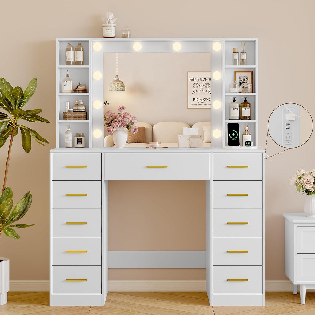 Wodeer Makeup Vanity with Drawers, 43' White Vanity Desk with Mirror and Lights, 11 Drawers & 4 Shelves, Power Outlet & Adjustable LED Lights, Dressing Table for Women & Girls Bedroom