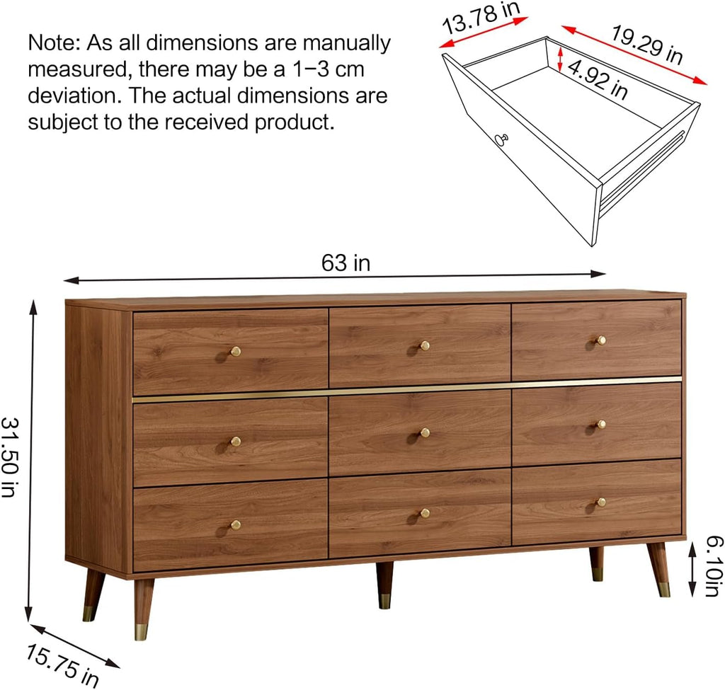 Chrangmay 9 Drawer Dresser,63' Wide Mid Century Modern Chest of Drawers,Wooden Bedroom Drawer Dresser with 9 Storage Drawers for Bedroom, Living Room,with Anti-Tipping Device,Brown