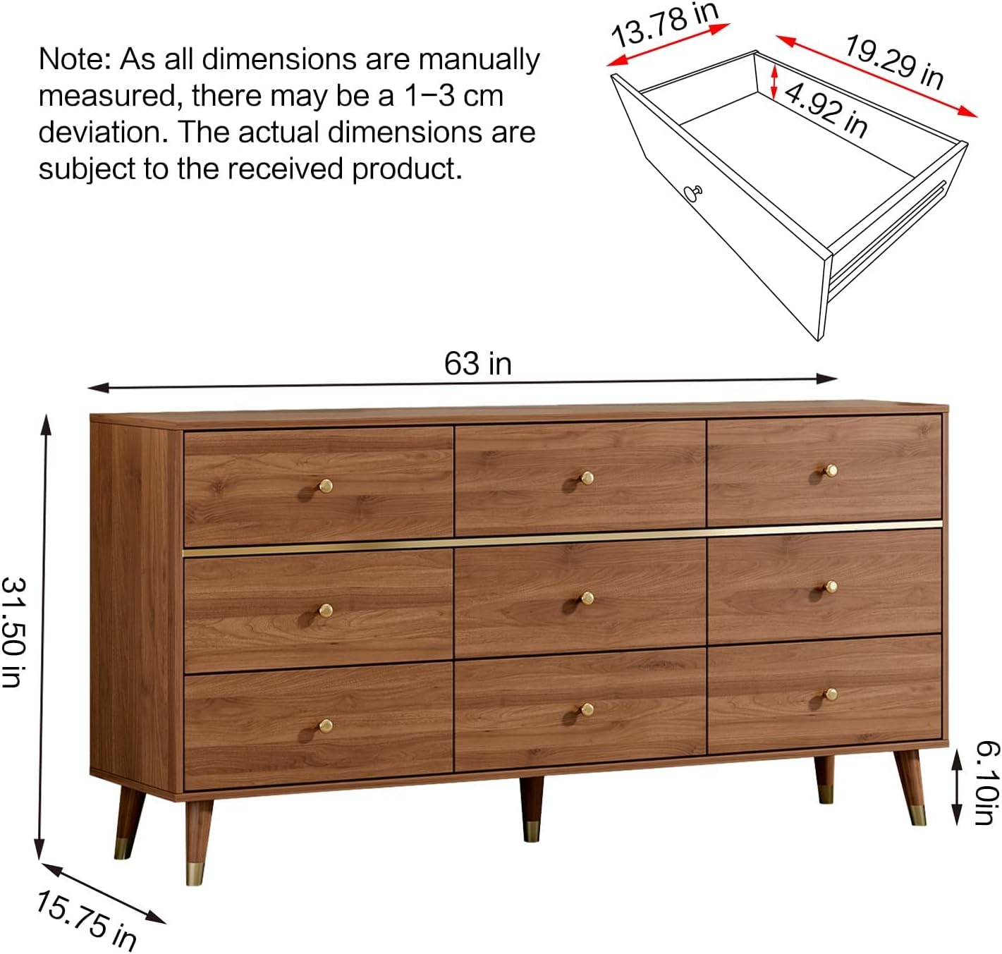 Chrangmay 9 Drawer Dresser,63' Wide Mid Century Modern Chest of Drawers,Wooden Bedroom Drawer Dresser with 9 Storage Drawers for Bedroom, Living Room,with Anti-Tipping Device,Brown