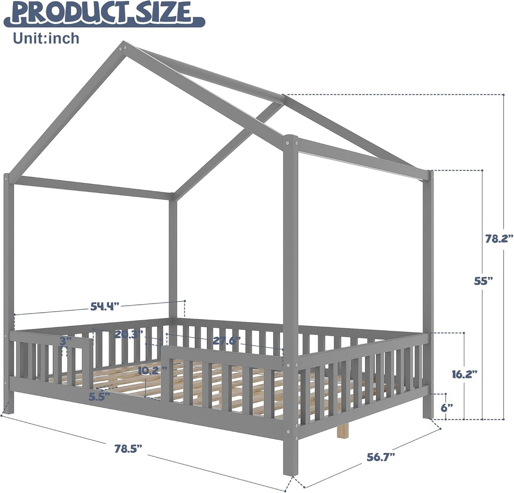 Full Montessori House Bed with High Rails, Wood Low House Floor Bed with Roof & Canopy, Full House Beds Frame for Girls Boys, No Box Spring Needed, Gray