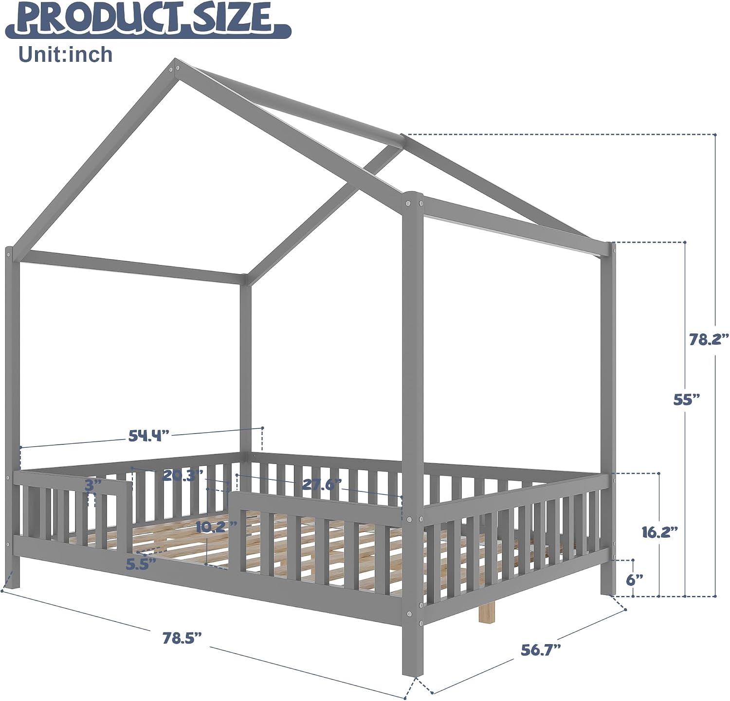 Full Montessori House Bed with High Rails, Wood Low House Floor Bed with Roof & Canopy, Full House Beds Frame for Girls Boys, No Box Spring Needed, Gray