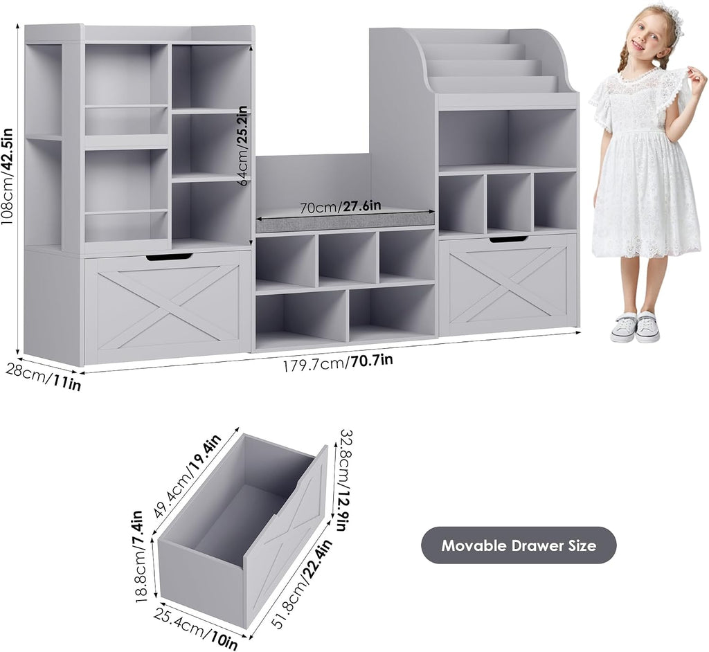 FINETONES 75' W Kids Bookshelf with Reading Nook, Large Toy Storage Toy Organizer with Seat Cushion and 2 Movable Drawers, Kids Reading Nook Kid Bench for Playroom Living Room, Grey