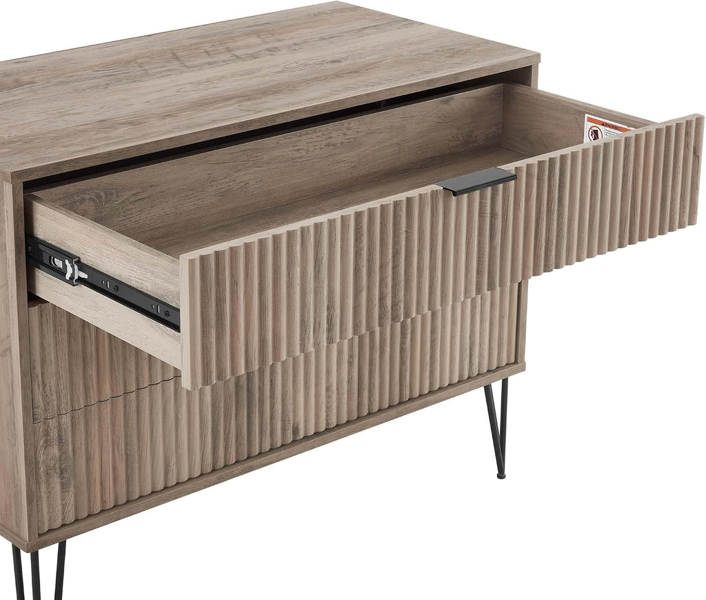Manhattan Comfort Dumbo 2 Piece Dresser & Nightstand Set, Fluted Night Stand with Hairpin Gold Metal Legs & 3-Drawer Dresser, No Tool Assembly, Storage Cabinet for Bedroom, Living Room in Rustic Grey