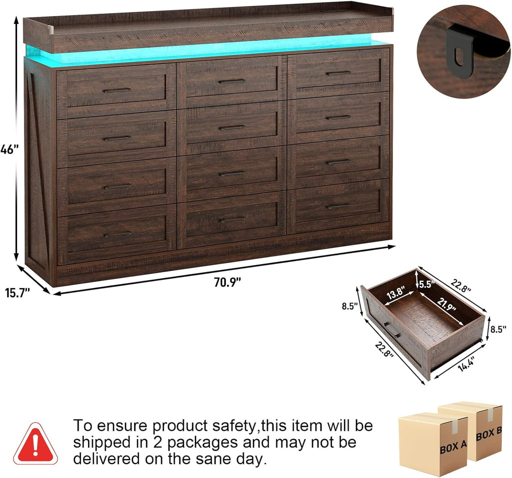 71' Wide 46' Tall Large Farmhouse 12 Drawers Dresser for Bedroom with LED Light and Power Outlets,Wood Rustic 12 Chests of Drawers for Closet,Tall Storage Dresser Organizer for Bedroom(Brown)