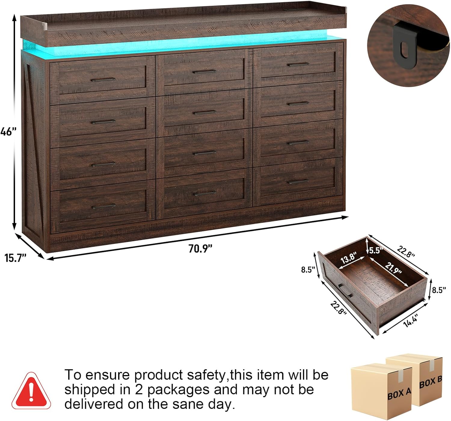 71' Wide 46' Tall Large Farmhouse 12 Drawers Dresser for Bedroom with LED Light and Power Outlets,Wood Rustic 12 Chests of Drawers for Closet,Tall Storage Dresser Organizer for Bedroom(Brown)
