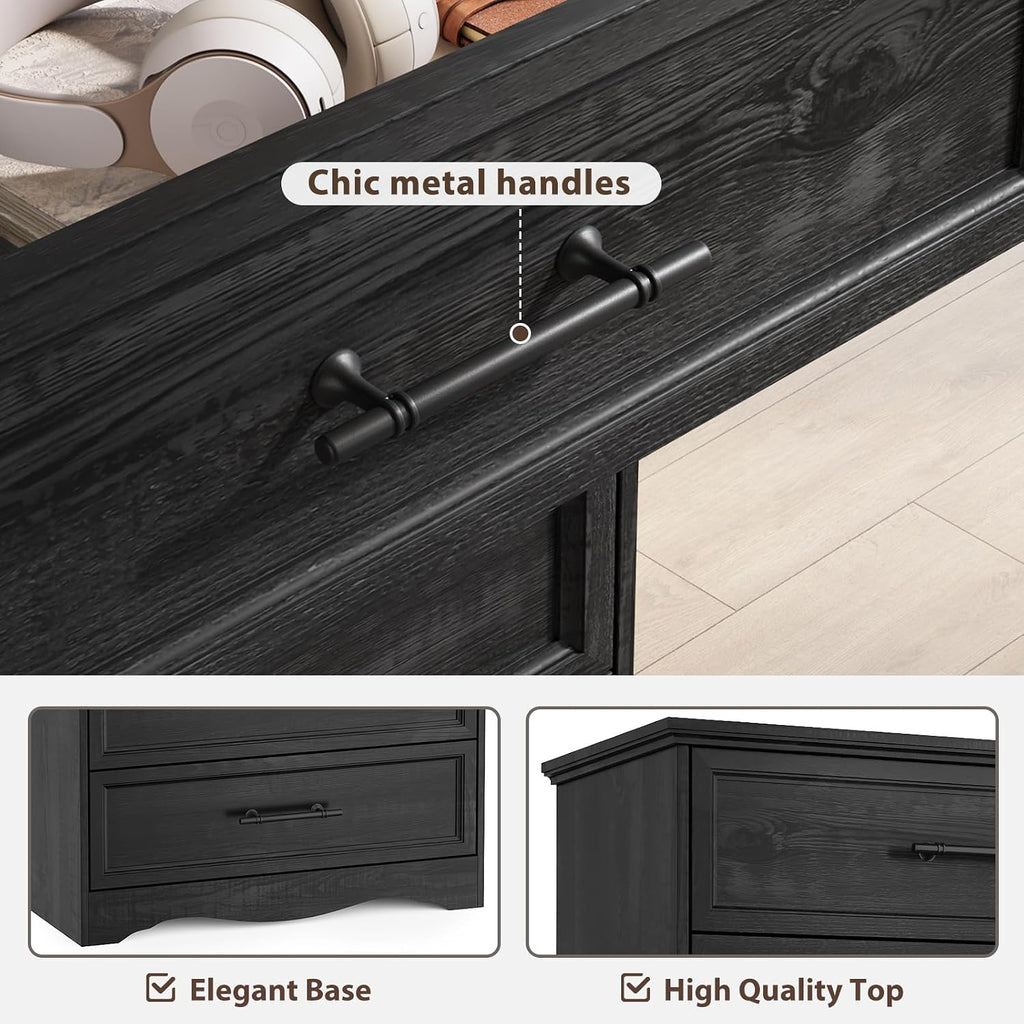 Black Dresser for Bedroom, Farmhouse 36' Tall 4 Drawer Chest with Sleek Brushed Metal Handles, Modern Wood Storage Cabinet with Unique Base Design, Closet Organizer for Bedroom, Living Room, Hallway