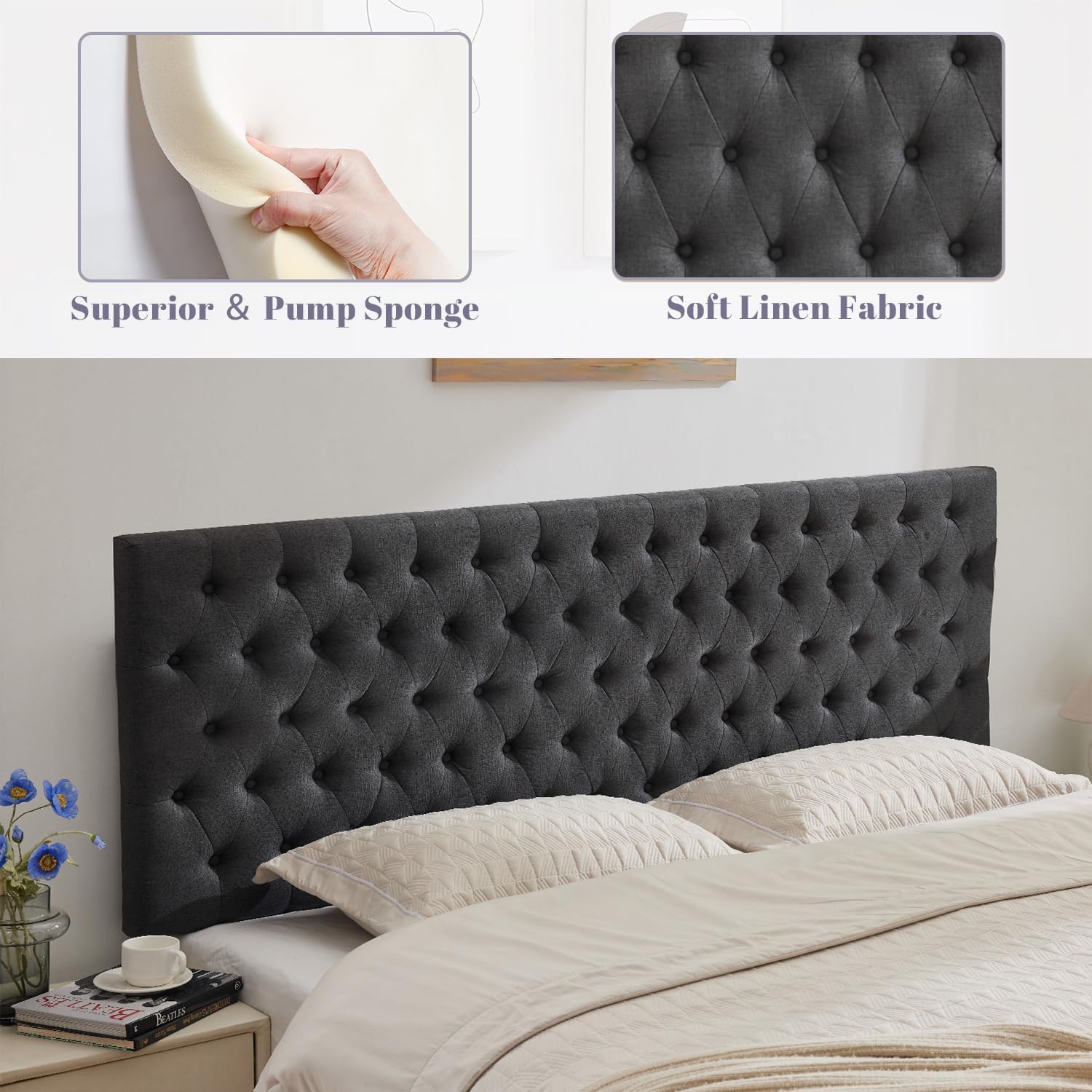 Kingfun Upholstered Queen Headboard Only, Premium Linen Button Tufted Headboards, Adjustable Solid Wood Head Board, Padded Headboard with Solid Wood Legs in Bedroom (Dark Gray)
