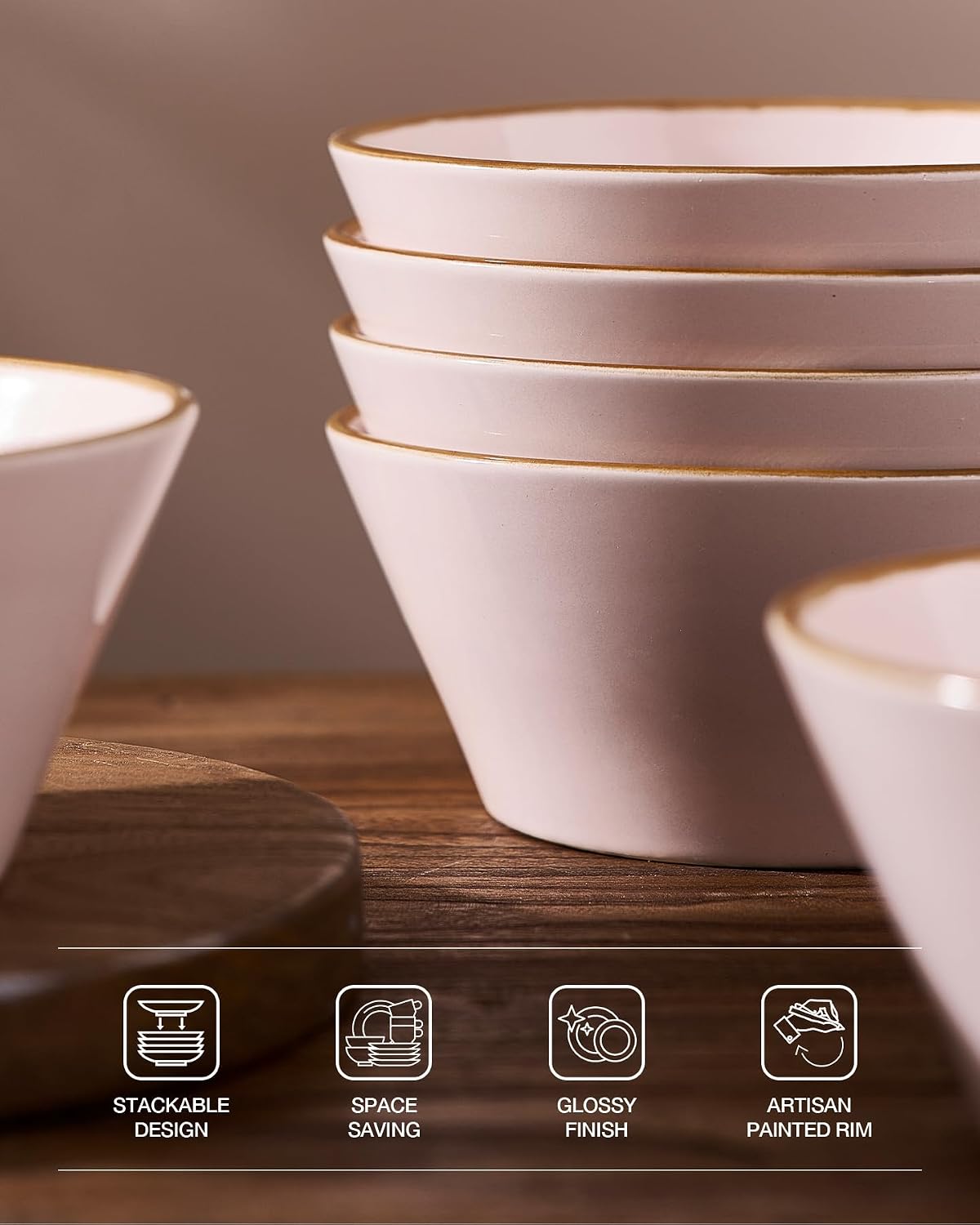 Famiware Saturn Plates and Bowls Dish Sets for 6 (18 Pieces), Stoneware Dinnerware Set with Hand-Painted Trim - Chip & Scratch Resistant, Microwave & Dishwasher Safe Ceramic Dishes, Light Pink